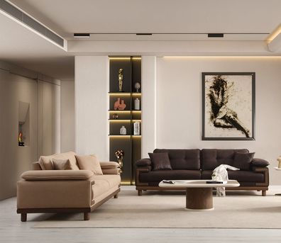 Beige Elegante Wohnzimmer Garnitur 2x Dreisitzer Couchen Couchtisch