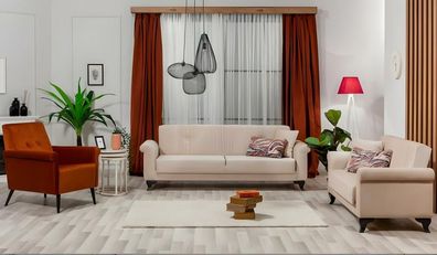 Komplette beige Couchgarnitur Dreisitzer Zweisitzer und Sessel Stoff