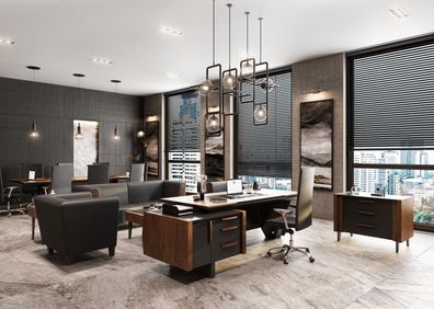 Luxuriöses Büro Set Braun Holz Schreibtisch und Sideboard im modernen Design