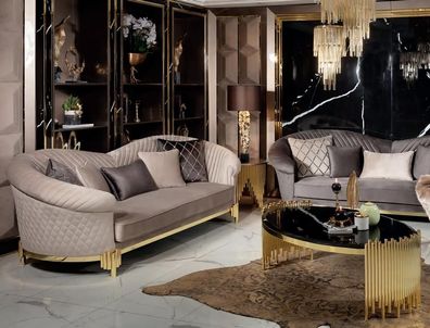 2tlg Sofa 3 Sitzer Couchtisch Luxus Gold Beige Wohnzimmer Modern Polyester Neu