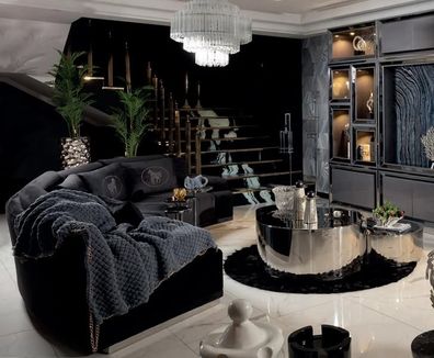 Set Sofa 4 Sitzer Couchtisch 2tlg Luxus Wohnzimmer Modern Schwarz Polyester Neu