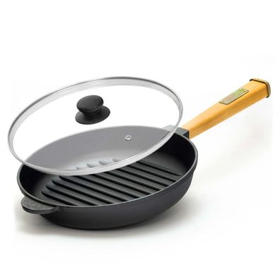 28cm Grillpfanne aus Gusseisen mit Glasdeckel Induktion Holzgriff Bratpfanne