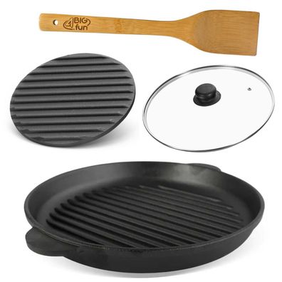26cm Grillpfanne aus Gusseisen Bräter mit Pressdeckel Glasdeckel Pfannenwender