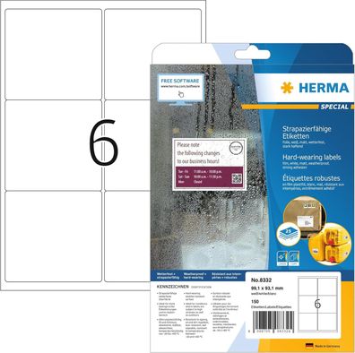HERMA 8332 Wetterfeste Versandetiketten, 25 Blatt, 99,1 x 93,1 mm, 6 pro A4 Bogen, 15