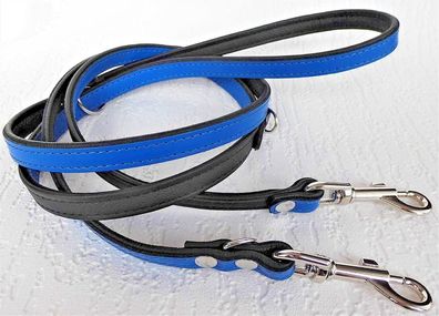 Hundeleine Führleine Echt Leder * 220cm/16mm, BLAU-Schwarz, 3xVerstellbar