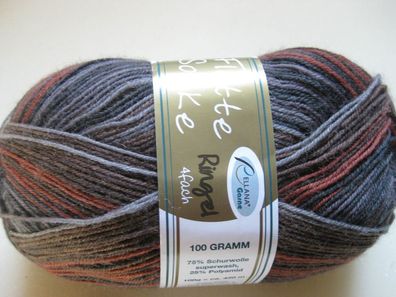 100g Sockenwolle 4 fach von Rellana Ringel Nr 6000 rost hell und dunkelbraun grau