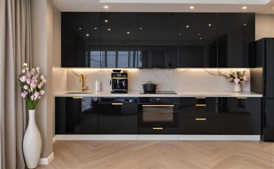 Küchenzeile Linea 300 cm DW Schwarz Hochglanz-Soft Close- Premium Box- Einbauküche 3m