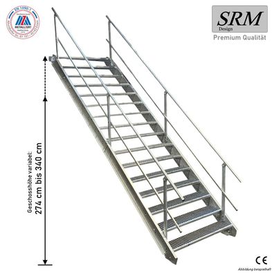 16 Stufen Stahltreppe Breite 60-160cm Geschosshöhe 274-340cm Geländer beidseitig