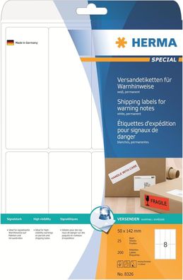 HERMA 8326 Warnhinweis Aufkleber, 25 Blatt, 50 x 142 mm, 8 pro A4 Bogen, 200 Stück, s