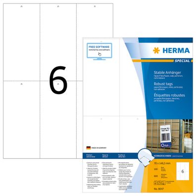 HERMA 8047 Stabile Anhänger perforiert, 100 Blatt, 70 x 148,5 mm, 6 pro A4 Bogen, 600