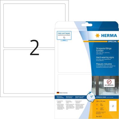 HERMA 8333 Wetterfeste Folienetiketten, 25 Blatt, 190 x 135 mm, 2 pro A4 Bogen, 50 St