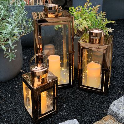 3tlg Gartenlaternen Set Windlicht Edelstahl inkl. 3 Lichterketten + 3 LED Kerzen