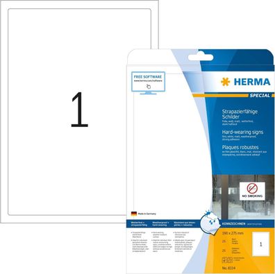 HERMA 8334 Wetterfeste Folienetiketten, 25 Blatt, 190 x 275 mm, 1 pro A4 Bogen, 25 St