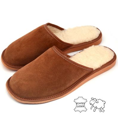 Herren Leder & Lammfell Hausschuhe Männer Warme Pantoffeln Winter Gefüttert Braun