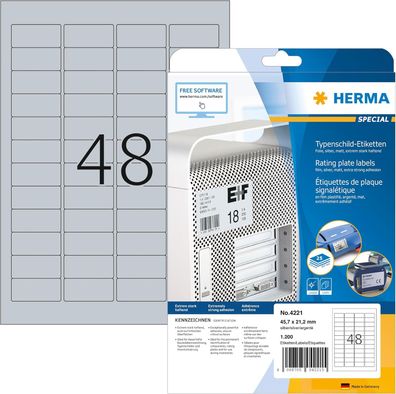 HERMA 4221 Typenschild Folien-Etiketten silber, 25 Blatt, 45,7 x 21,2 mm, 48 pro A4 B