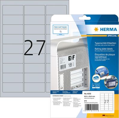HERMA 4222 Typenschild Folien-Etiketten silber, 25 Blatt, 63,5 x 29,6 mm, 27 pro A4 B
