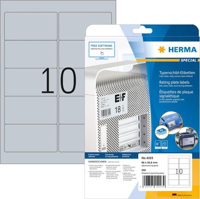 HERMA 4223 Typenschild Folien-Etiketten silber, 25 Blatt, 96 x 50,8 mm, 10 pro A4 Bog