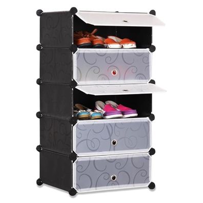 Modularer Schuhschrank 5 Ebenen | Erweiterbares Schuhregal mit Türen