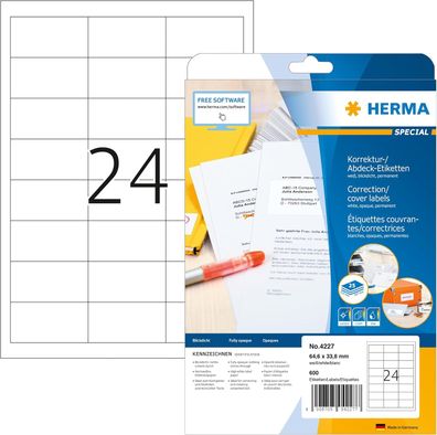 HERMA 4227 Korrekturetiketten blickdicht, 25 Blatt, 64,6 x 33,8 mm, 24 pro A4 Bogen,