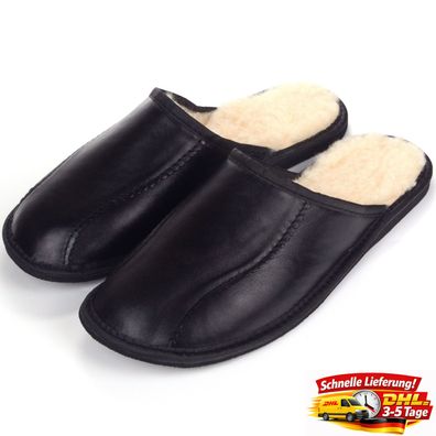 Herren Hausschuhe Männer Lammfell Schlappen Winter Braun Pantoletten Leder Latschen