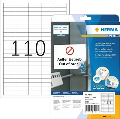 HERMA 4210 Universal Etiketten ablösbar, 25 Blatt, 38,1 x 12,7 mm, 110 pro A4 Bogen,