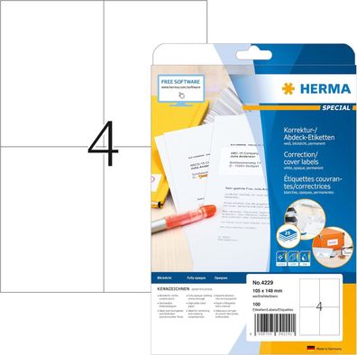 HERMA 4229 Korrekturetiketten blickdicht, 25 Blatt, 105 x 148 mm, 4 pro A4 Bogen, 100