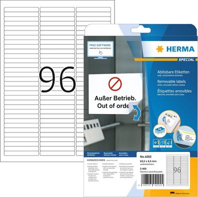 HERMA 4202 Universal Etiketten ablösbar, 25 Blatt, 63,5 x 8,5 mm, 96 pro A4 Bogen, 24