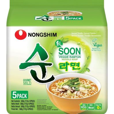 5er-Pack Nongshim Instantnudeln Soon Veggie Ramyun 112g