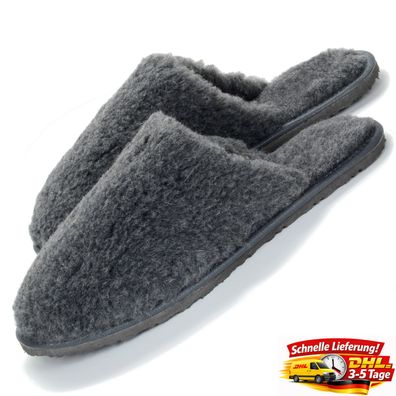 Damen Hausschuhe Warme Winter Lammfell Barfuß Bequeme Wolle Anthrazit Fellhausschuhe