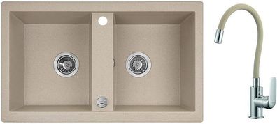 SET Küchenarmatur & Granitspüle 2-Becken Barbados Beige 48x78 | Siphon im SET!