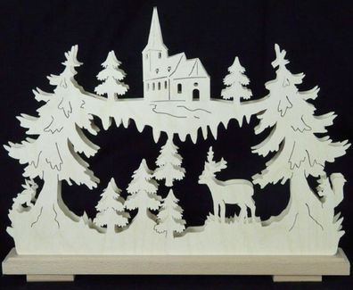 Schwibbogen mit der Seiffener Kirche Rehbock und Beleuchtung BxHxT 44x34x7cm NEU