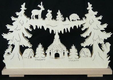 Schwibbogen mit Seiffener Kirche Rehe und Beleuchtung BxHxT 44x29x7cm NEU Lichter