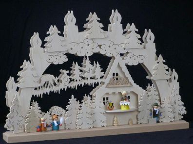 Schwibbogen mit Winterkindern Schneeschipper und Beleuchtung BxHxT 50x31x7cm NEU