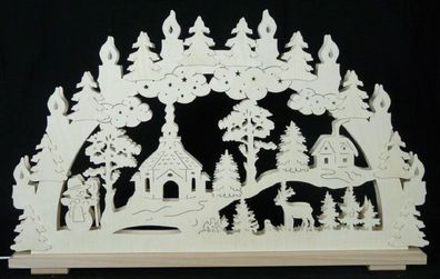 Schwibbogen mit Seiffener Kirche Haus Waldtieren und Beleuchtung 70x43x7cm NEU