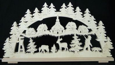 Schwibbogen mit Dorf Kirche Waldtiere und Beleuchtung BxHxT 70x37x7cm NEU Lichter