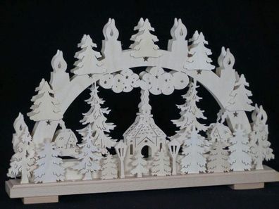 Schwibbogen mit Seiffener Kirche Häuser und Beleuchtung BxHxT 50x31x7cm NEU