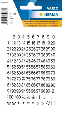 HERMA 4155 Zahlen Aufkleber schwarz 0-100, 250 Stück, Schriftgröße 5 mm, selbstkleben