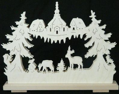 Schwibbogen mit der Seiffener Kirche Rehe und Beleuchtung BxHxT 44x32x7cm NEU