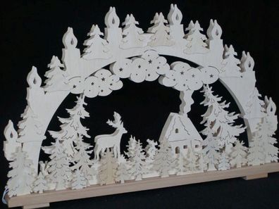 Schwibbogen mit Hirsch am Waldhaus mit Beleuchtung BxHxT 70x43x7cm NEU