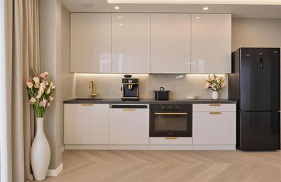 Küchenzeile Linea DW 240 cm Weiß Hochglanz-Soft Close- Premium Box- Einbauküche 2,4 m