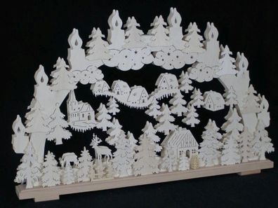 Schwibbogen mit Kirche Rehe und Häuser mit Beleuchtung BxHxT 70x44x7cm NEU