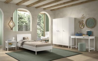 Set Futonbett Schrank 3T Nachtkonsole Schreibtisch Lattenrost Buche massiv Weiß