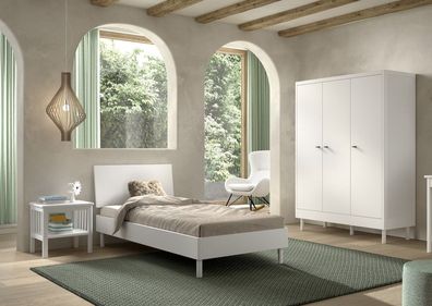 Set Futonbett Schrank 3T Nachtkonsole Lattenrost Buche massiv Weiß lackiert