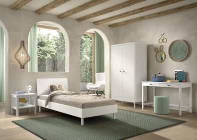 Set Futonbett Schrank 2T Nachtkonsole Schreibtisch Lattenrost Buche massiv Weiß