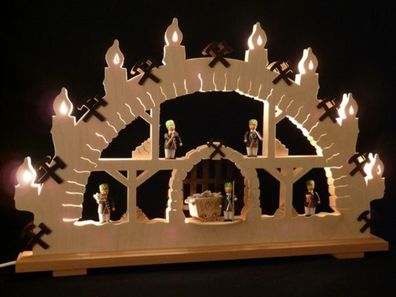 Schwibbogen mit Bergmänner und Beleuchtung BxHxT 70x43x7cm NEU Lichterbogen