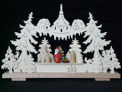 Schwibbogen mit Weihnachtsmann Seiffener Kirche und Beleuchtung 44x32x7cm NEU