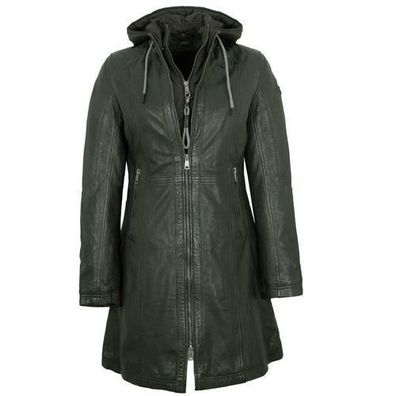 Mauritius - Damen Echtleder Ledermantel Kapuze Lammnappa forest green