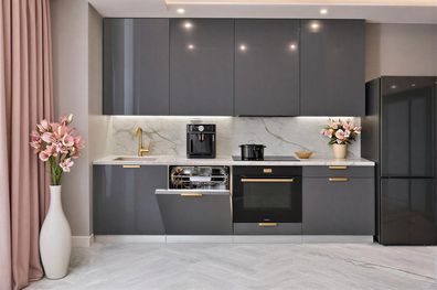 Küchenzeile Linea DW 240 cm Grau Hochglanz-Soft Close- Premium Box- Einbauküche 2,4 m