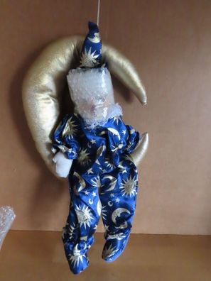 Figur Clown Harlekin auf dem Mond blaues Kostüm Keramikkopf 36 cm H