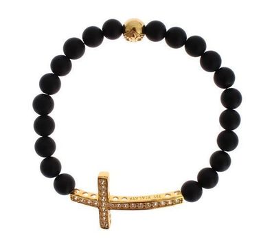 Nialaya Matte Onyx Stone Gold CZ Cross 925 Silver Bracelet